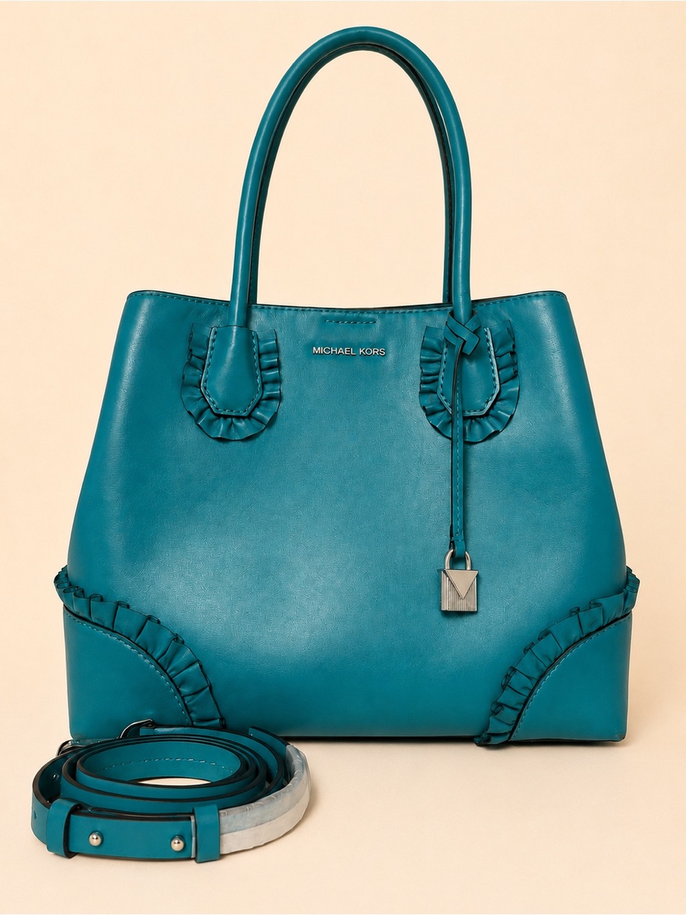 Michael Kors Mercer Gallery Medium Ruffled Leather Tote Turquoise Blue Satchel